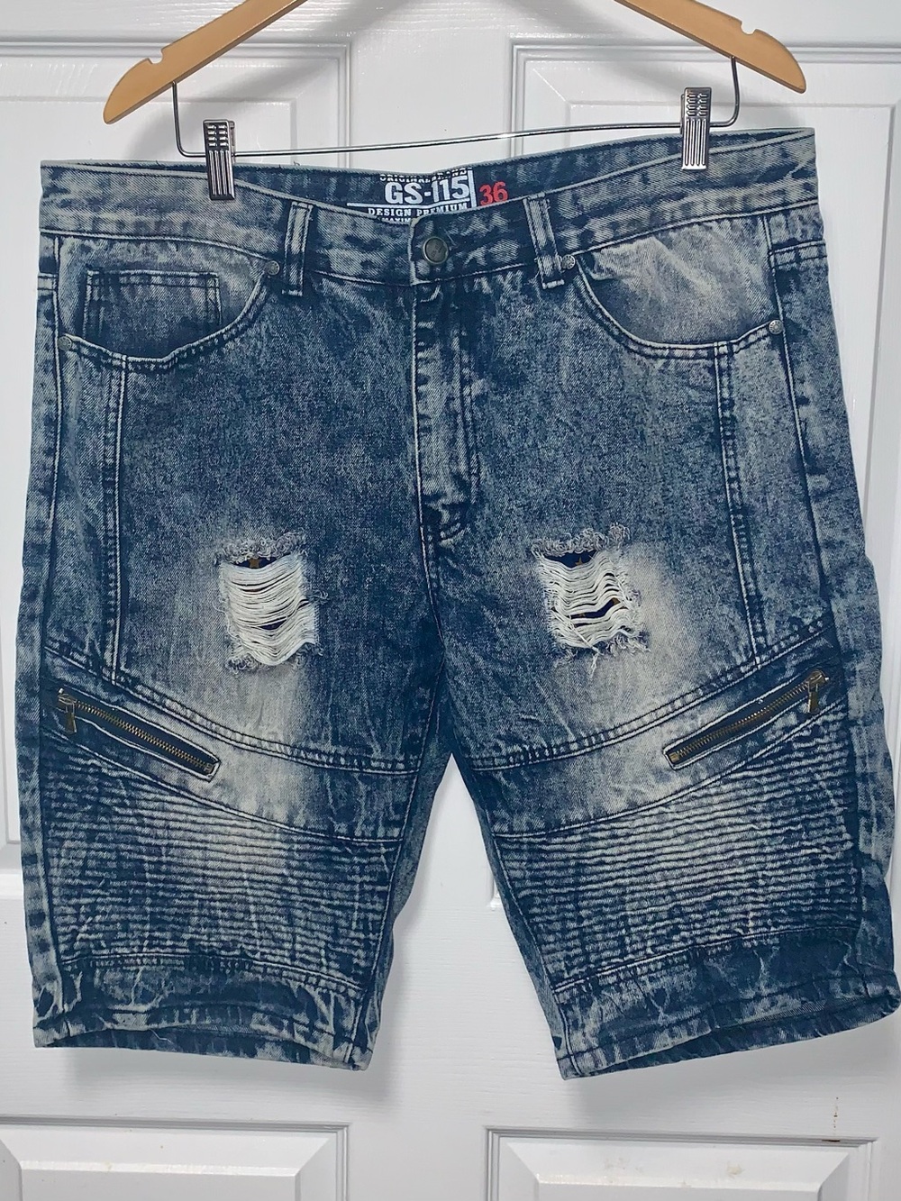 GS-115 Men's Distressed Moto Jean Shorts – Acid Wash Blue (Size 36)